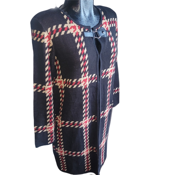 Kasper Plaid Cardigan with Buckle Detail M - Picture 2 of 6